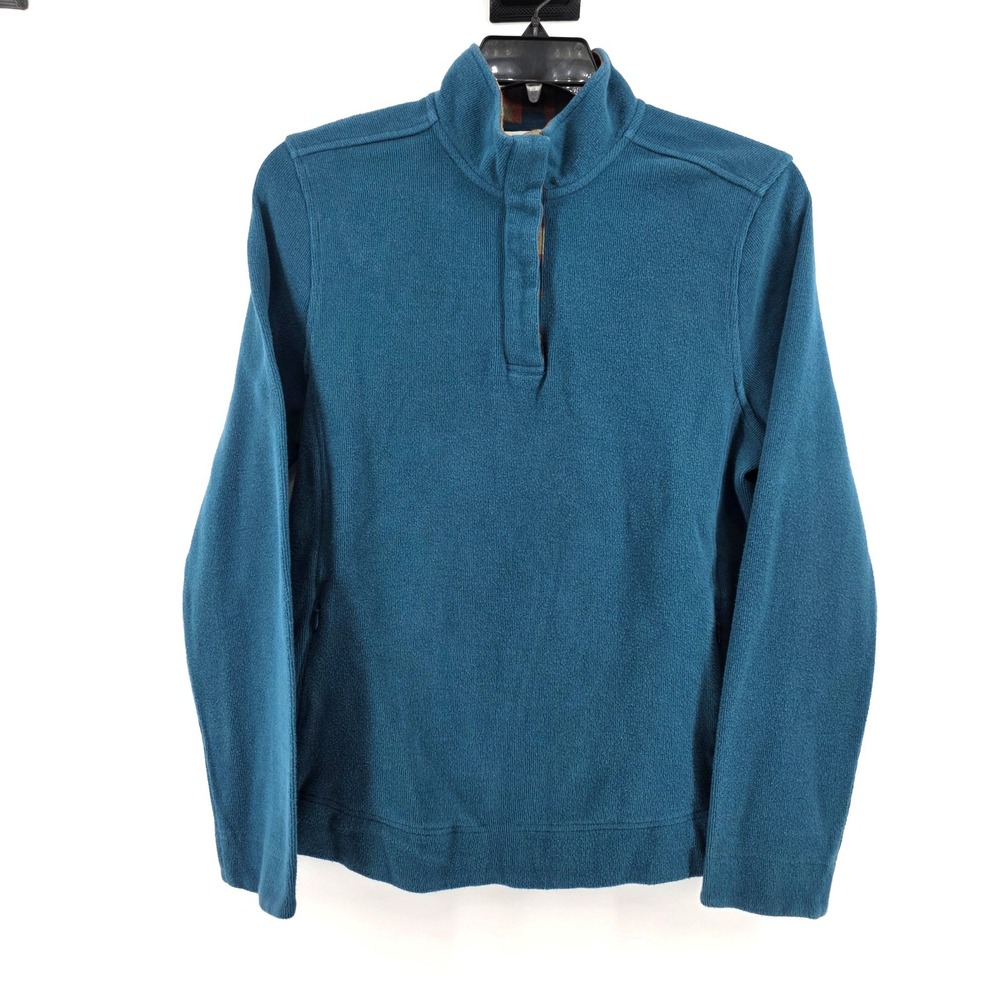 Orvis Womens Teal Blue Ribbed Quarter Snap Pullover Plaid Lined Collar Large